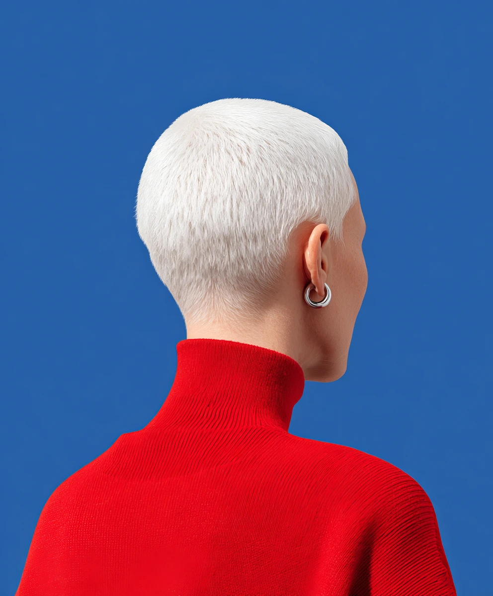 Back view portrait of a person wearing a red sweater